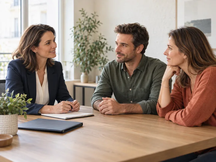 Un échange attentif autour des besoins d’assurance, dans un bureau lumineux.