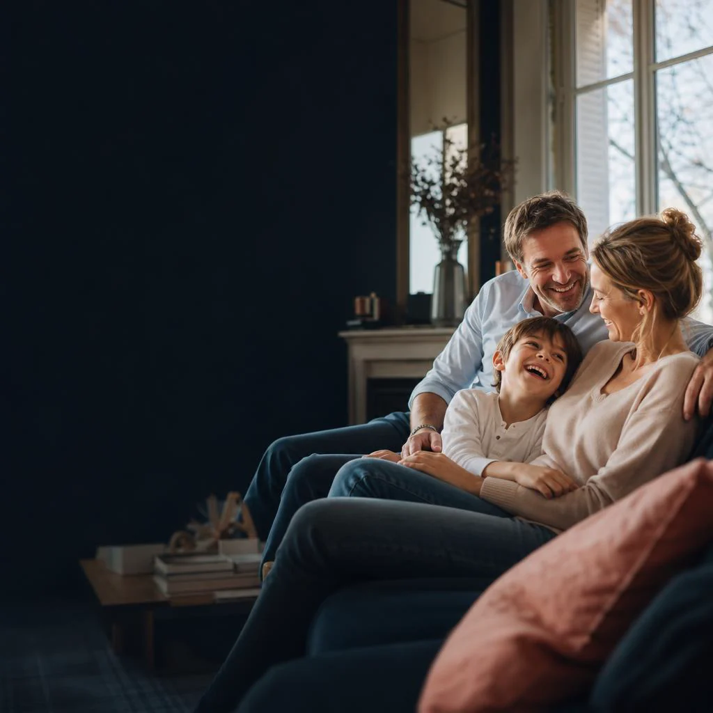 Une famille partage un moment complice dans son salon