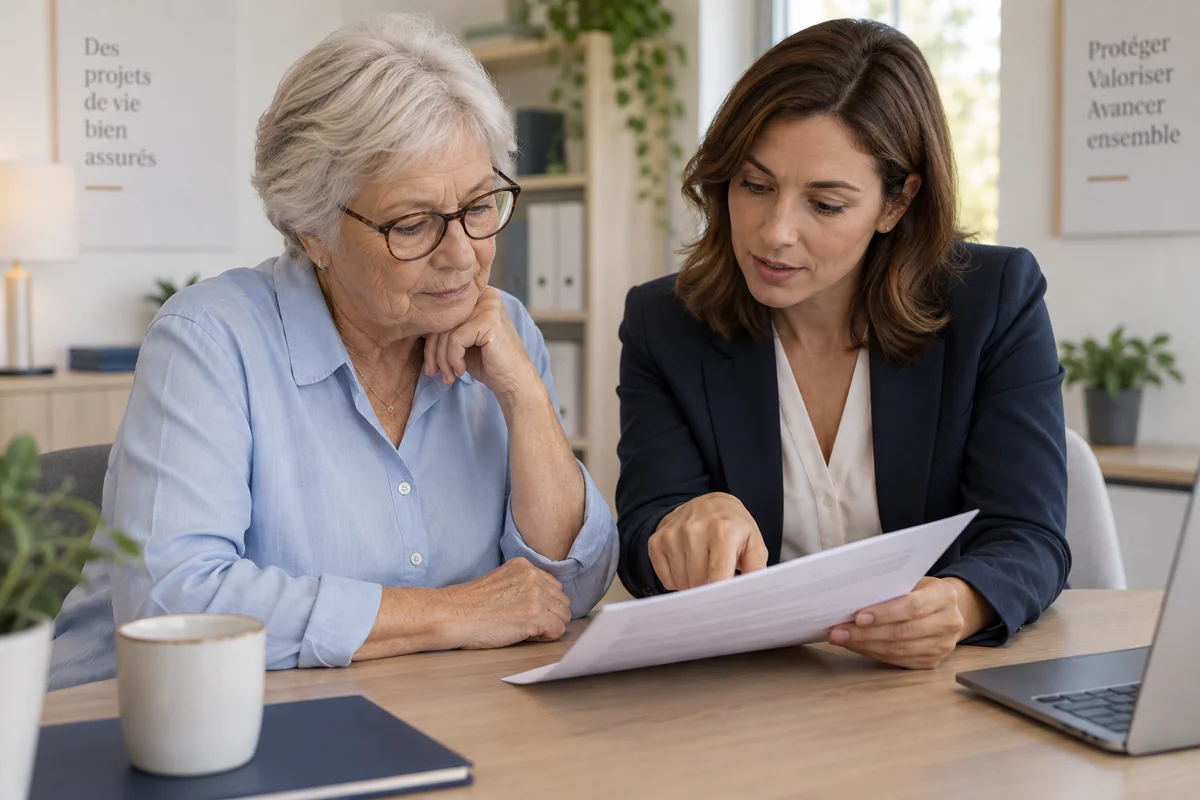 Une femme relit son dossier avec une conseillère.
