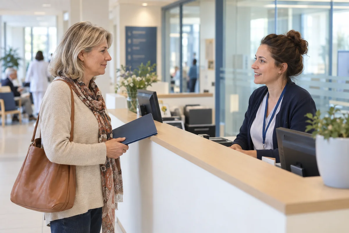 Une patiente échange avec une agente d’accueil à l’admission d’un hôpital.