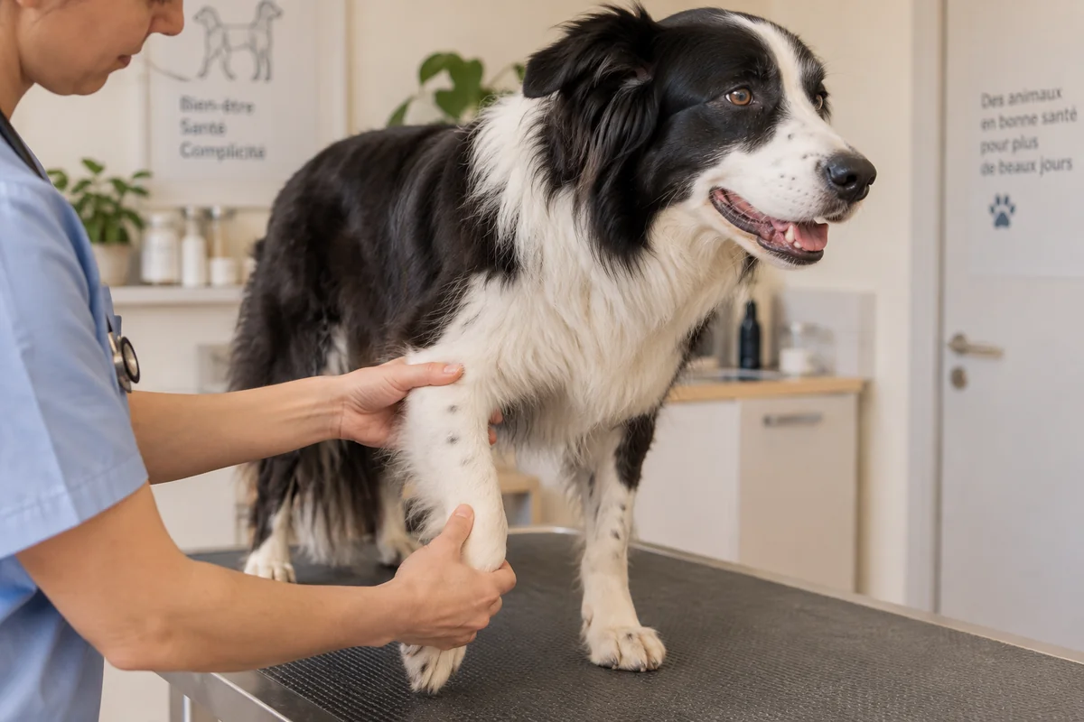 Une vétérinaire examine doucement la patte d’un chien adulte.