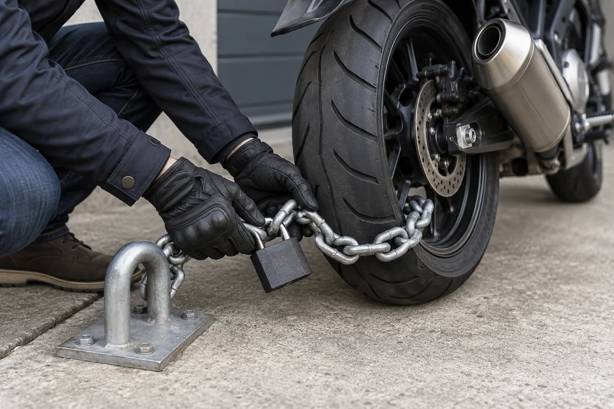 Un motard attache sa moto à un point fixe avec une chaîne antivol.