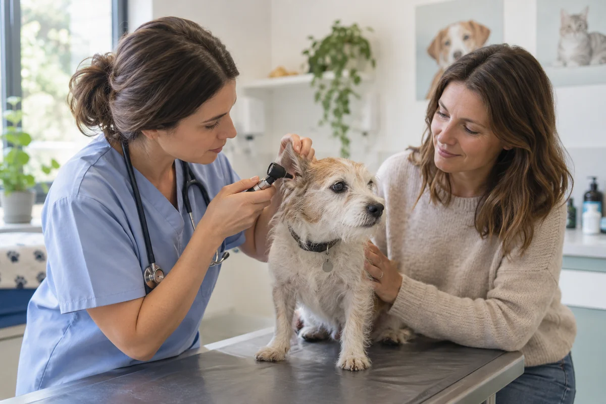 Une vétérinaire échange avec une propriétaire pendant l’examen de son chien.
