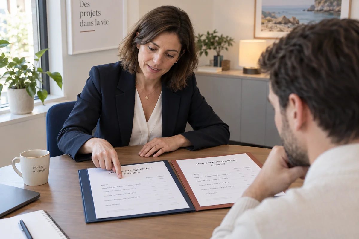 Une conseillère examine deux propositions d’assurance avec un emprunteur.