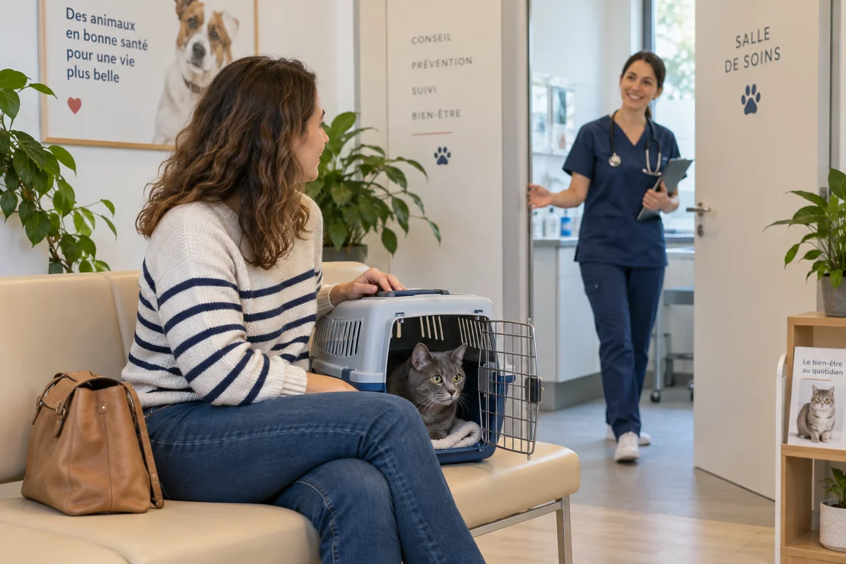 Une personne accompagne son chat en caisse de transport chez le vétérinaire.