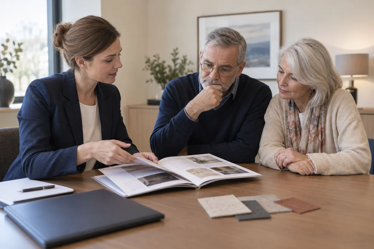 Une conseillère présente un catalogue de prestations dans un bureau calme.