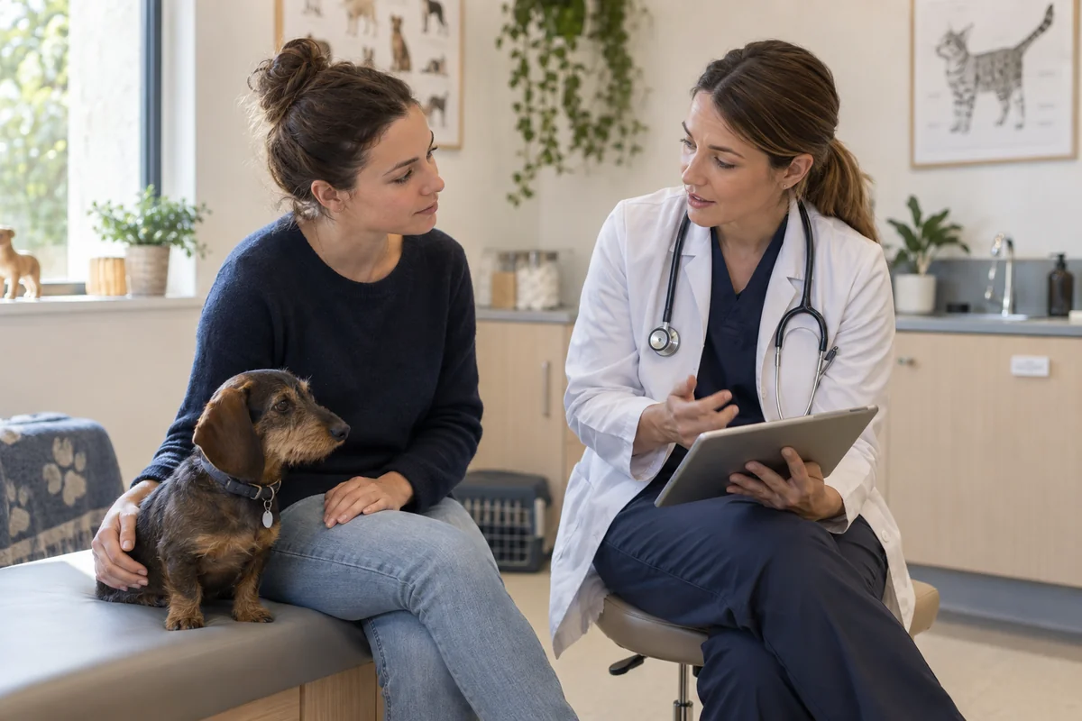 Un vétérinaire explique une estimation à la propriétaire d’un chien.