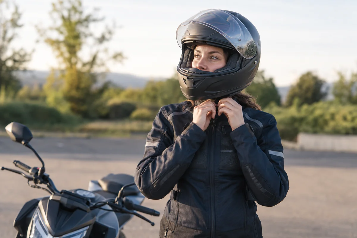 Une jeune motarde ajuste la jugulaire de son casque avant de partir.