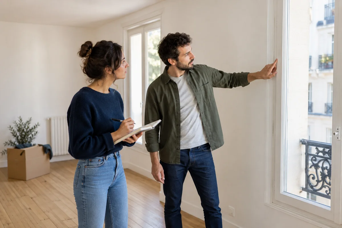 Deux locataires prennent des notes pendant la visite d’une pièce.