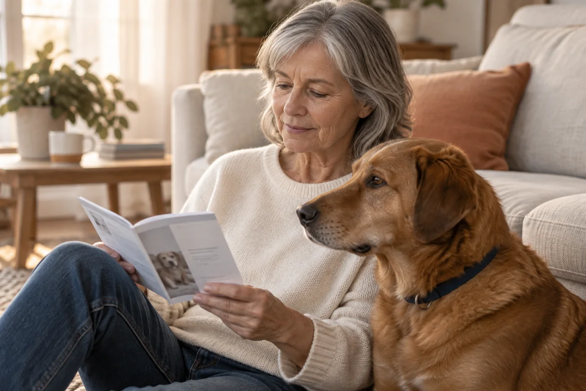 Une propriétaire vérifie le carnet de son chien à ses côtés.