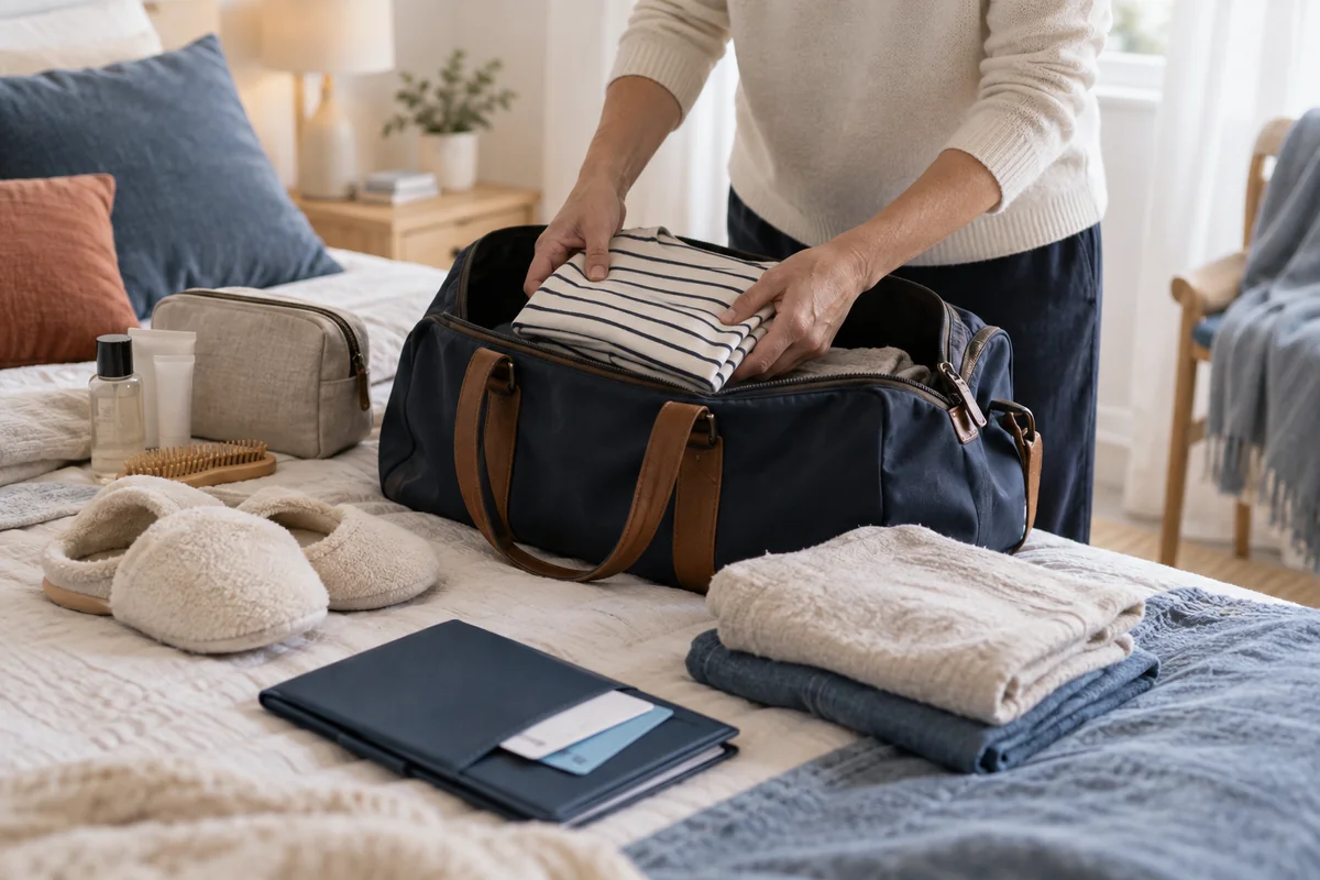 Un sac de séjour et un dossier administratif sont préparés avant une hospitalisation.