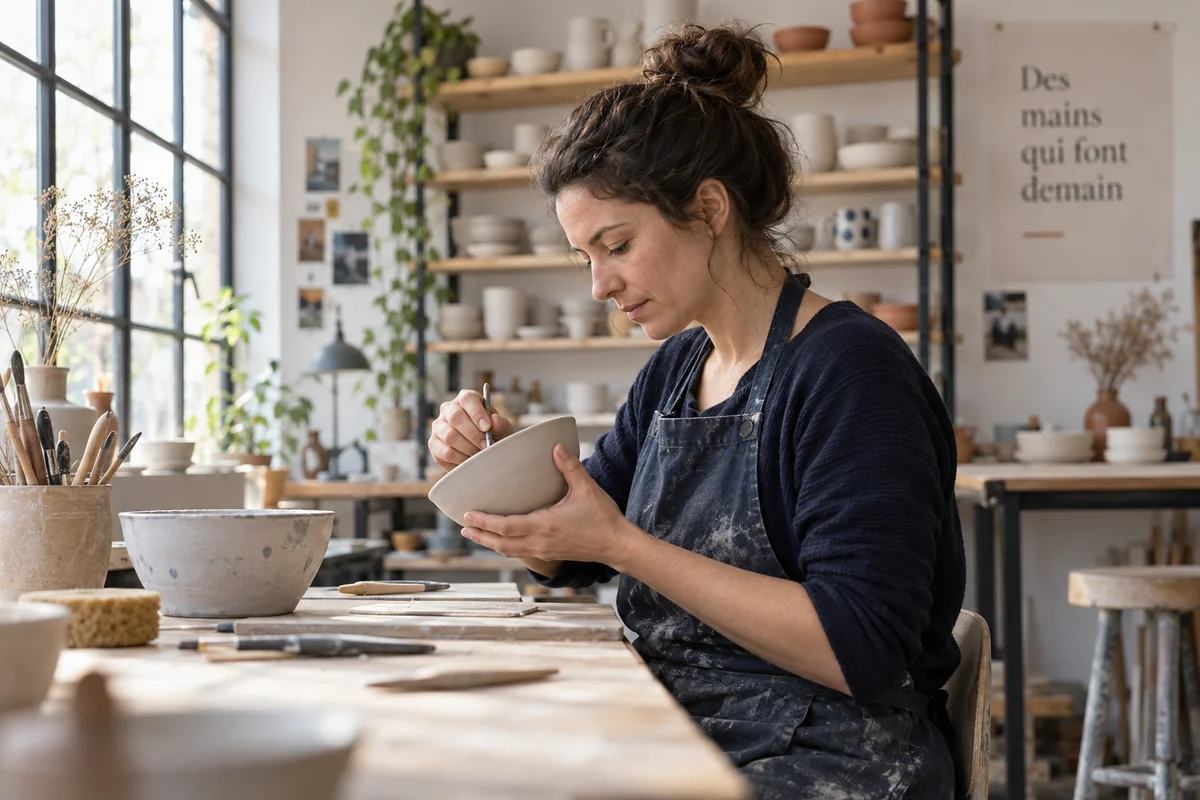 Une artisane travaille dans son atelier de céramique.