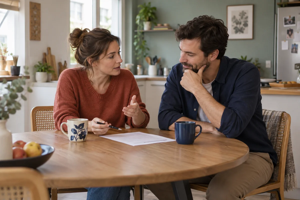 Deux coemprunteurs discutent de leur projet à la maison.