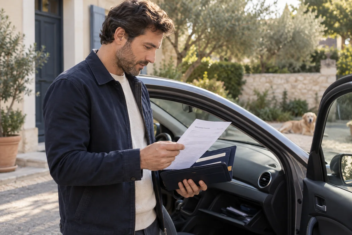 Un automobiliste consulte ses documents près de sa voiture à l’arrêt.