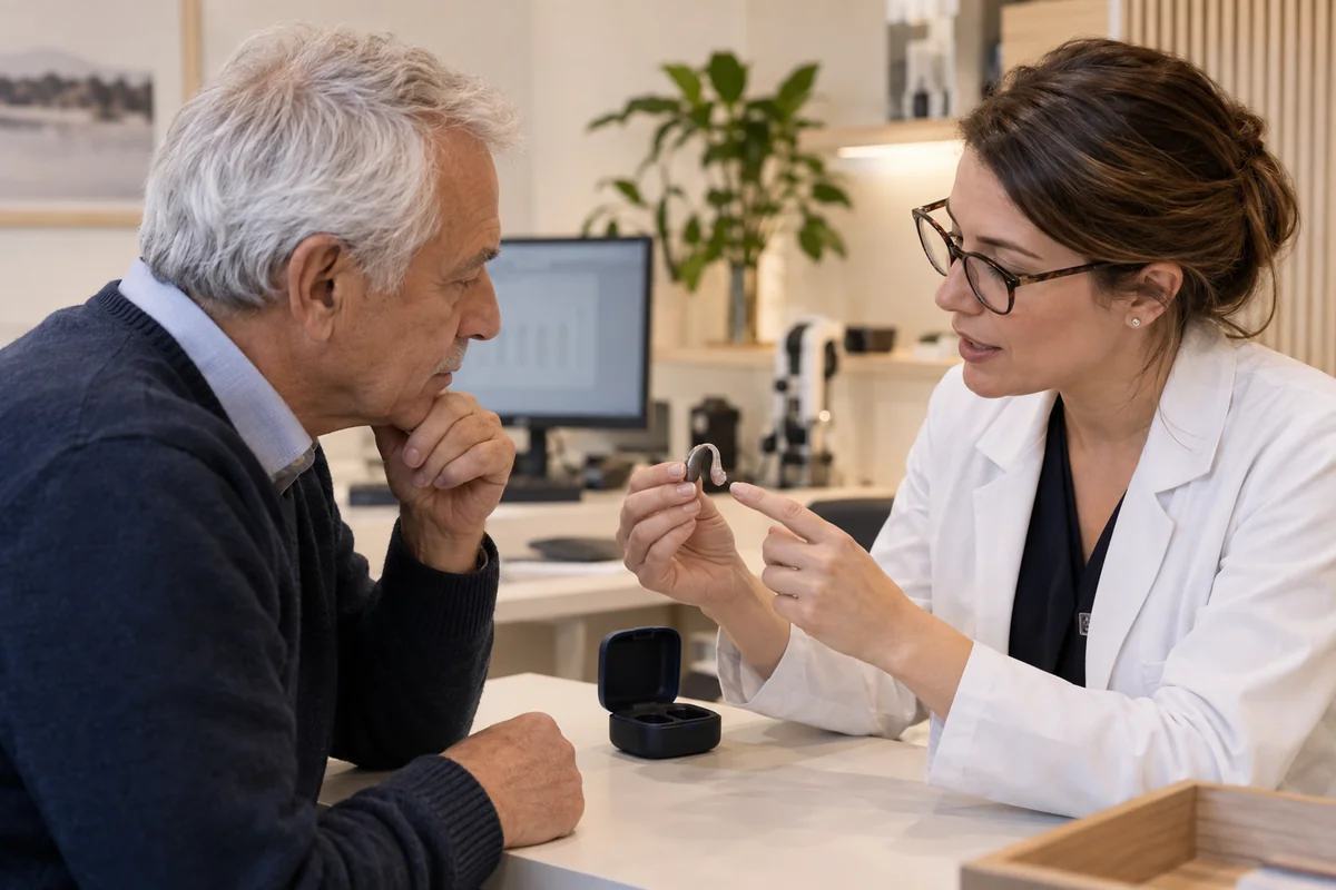 Un audioprothésiste présente une aide auditive à un client.