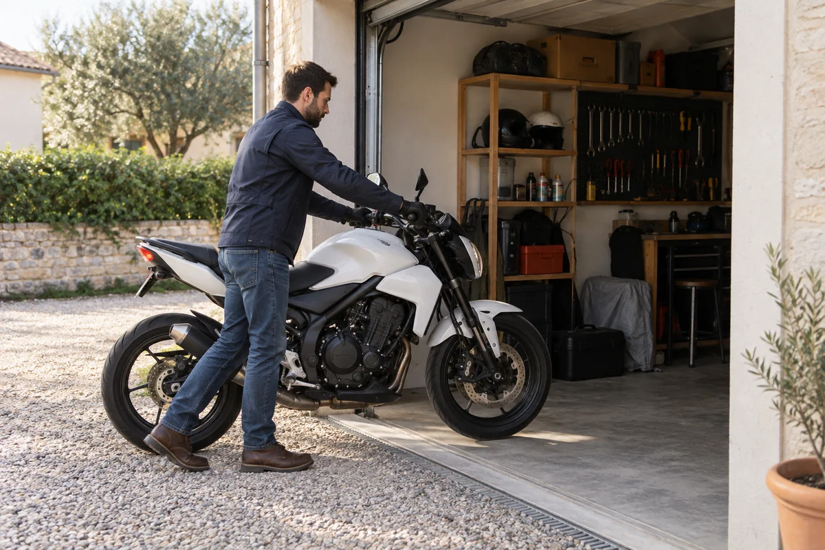 Un motard range sa moto dans son garage.