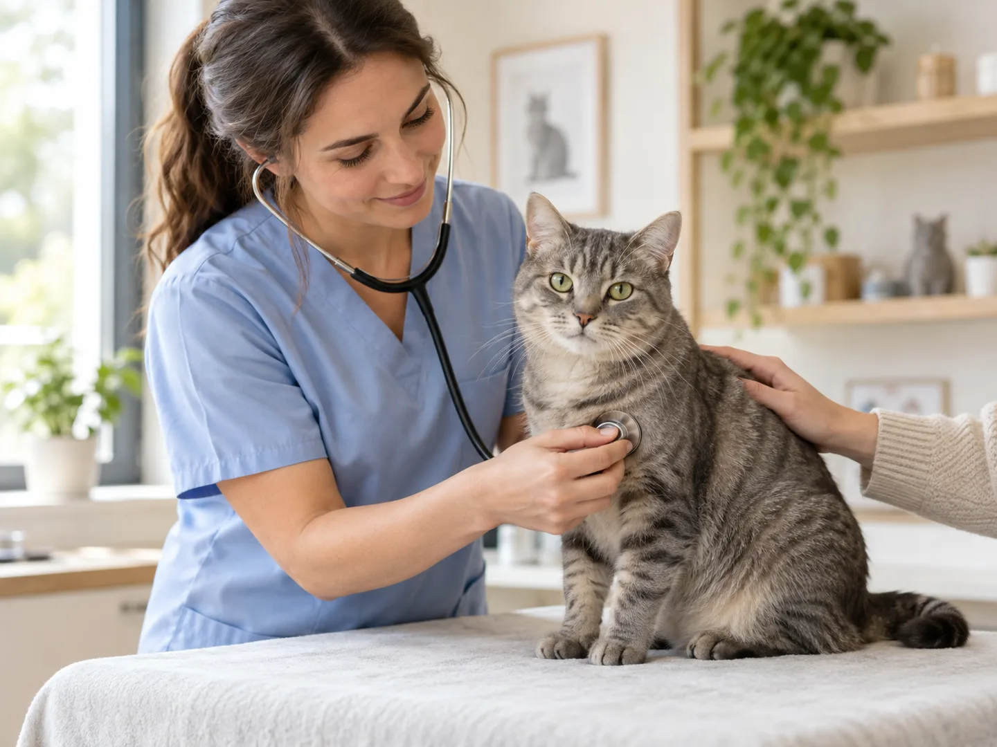 Une vétérinaire examine calmement un chat tigré avec un stéthoscope, accompagné de son propriétaire.