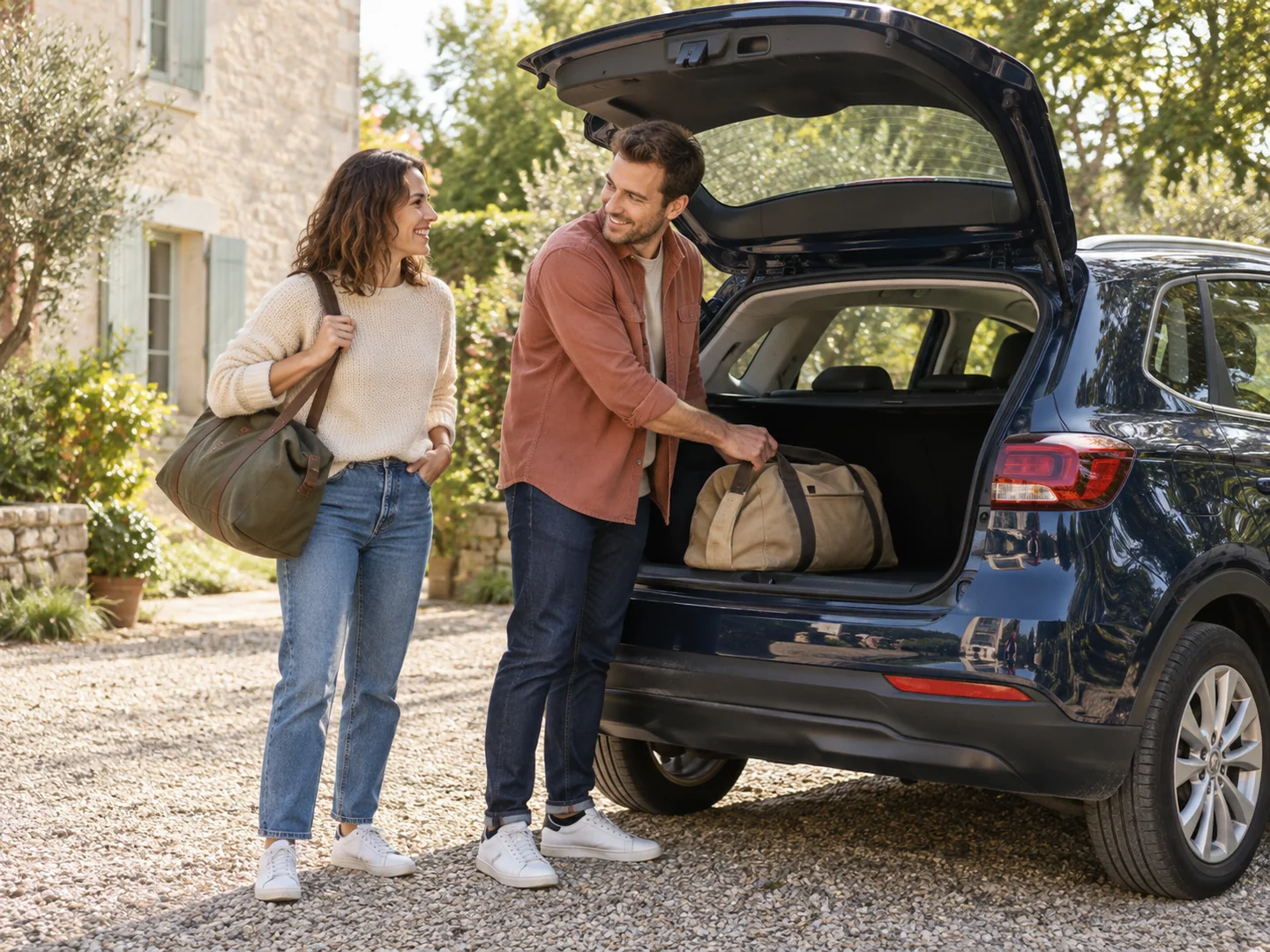 Un couple prépare son départ et range un sac dans le coffre de sa voiture stationnée.