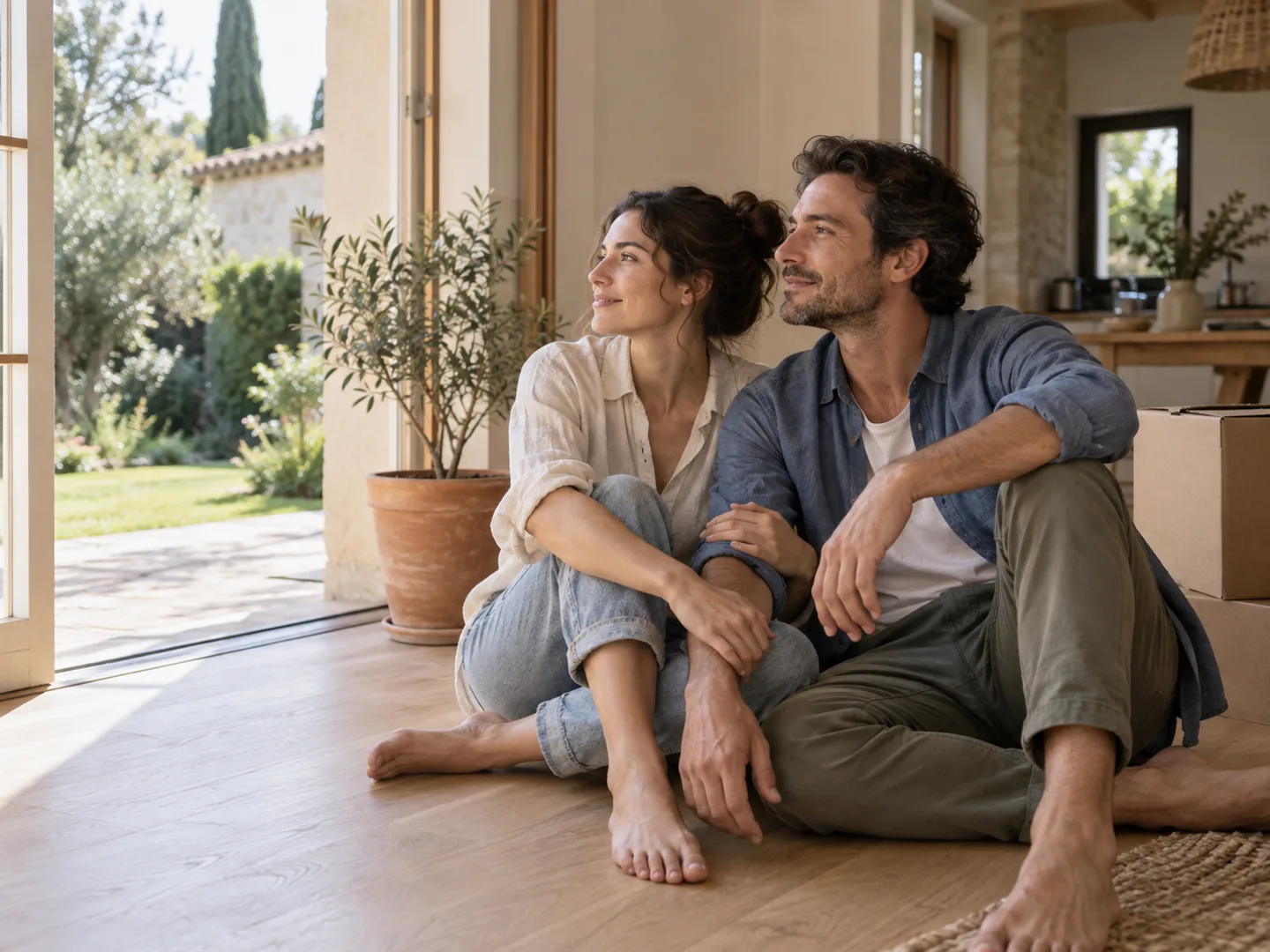 Un couple installé dans sa nouvelle maison, près des cartons de déménagement et d’une fenêtre ouverte sur le jardin.