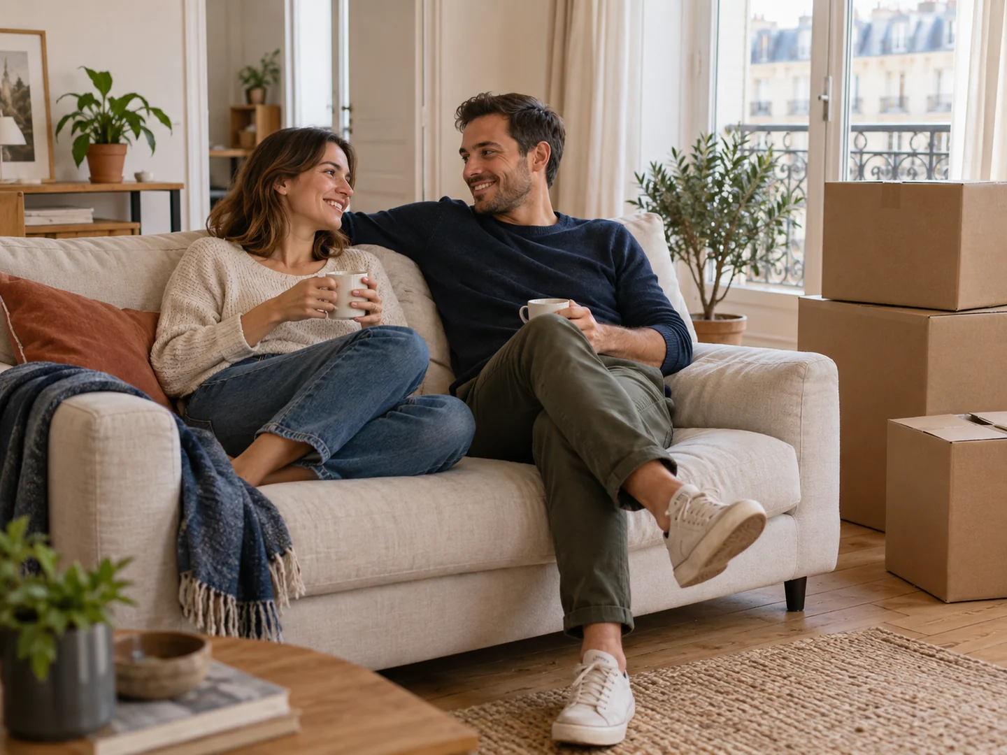 Un couple prend une pause dans son nouveau salon, près de cartons de déménagement.