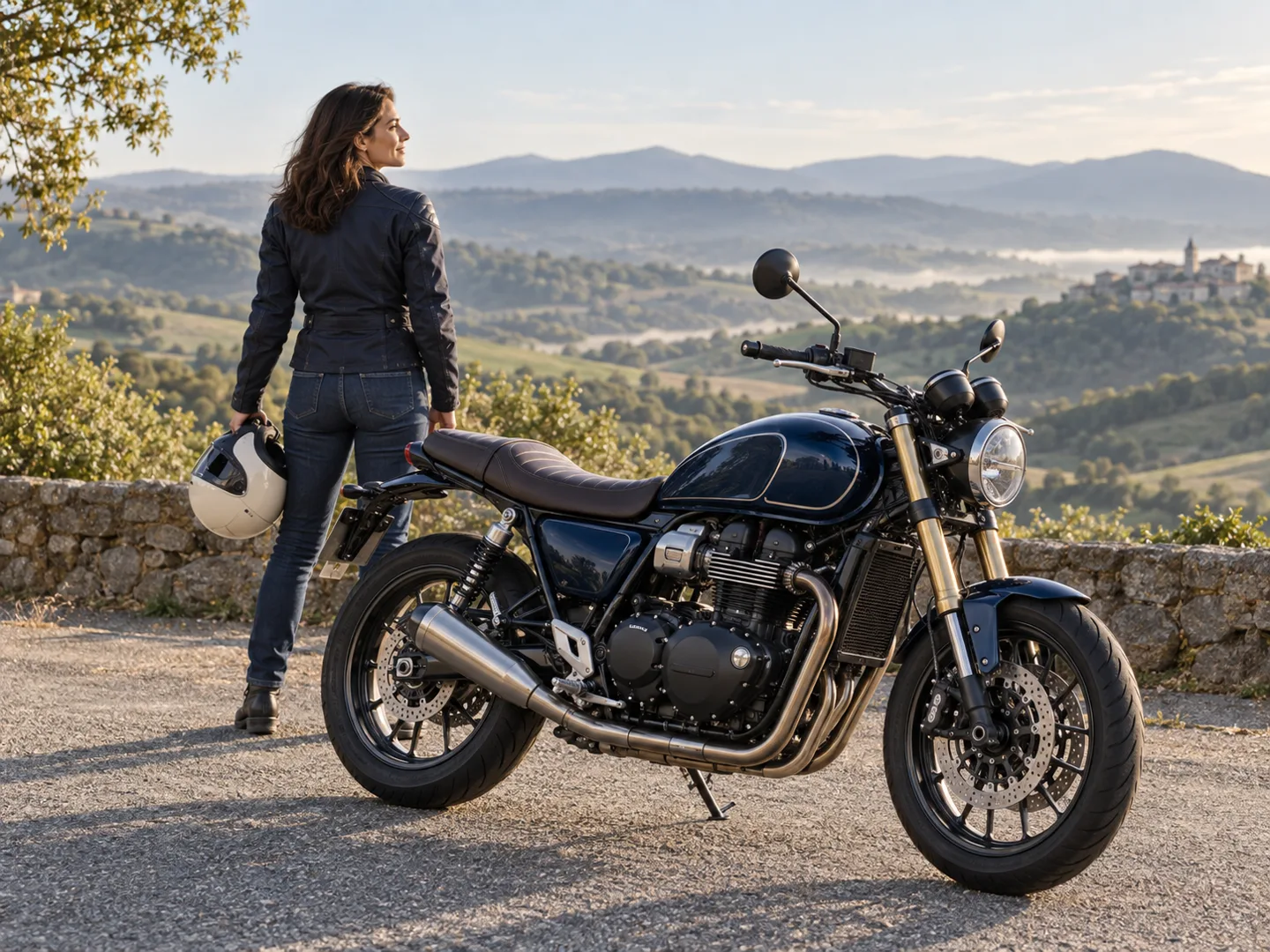 Une motarde fait une pause près de sa moto garée, face à un paysage de collines.