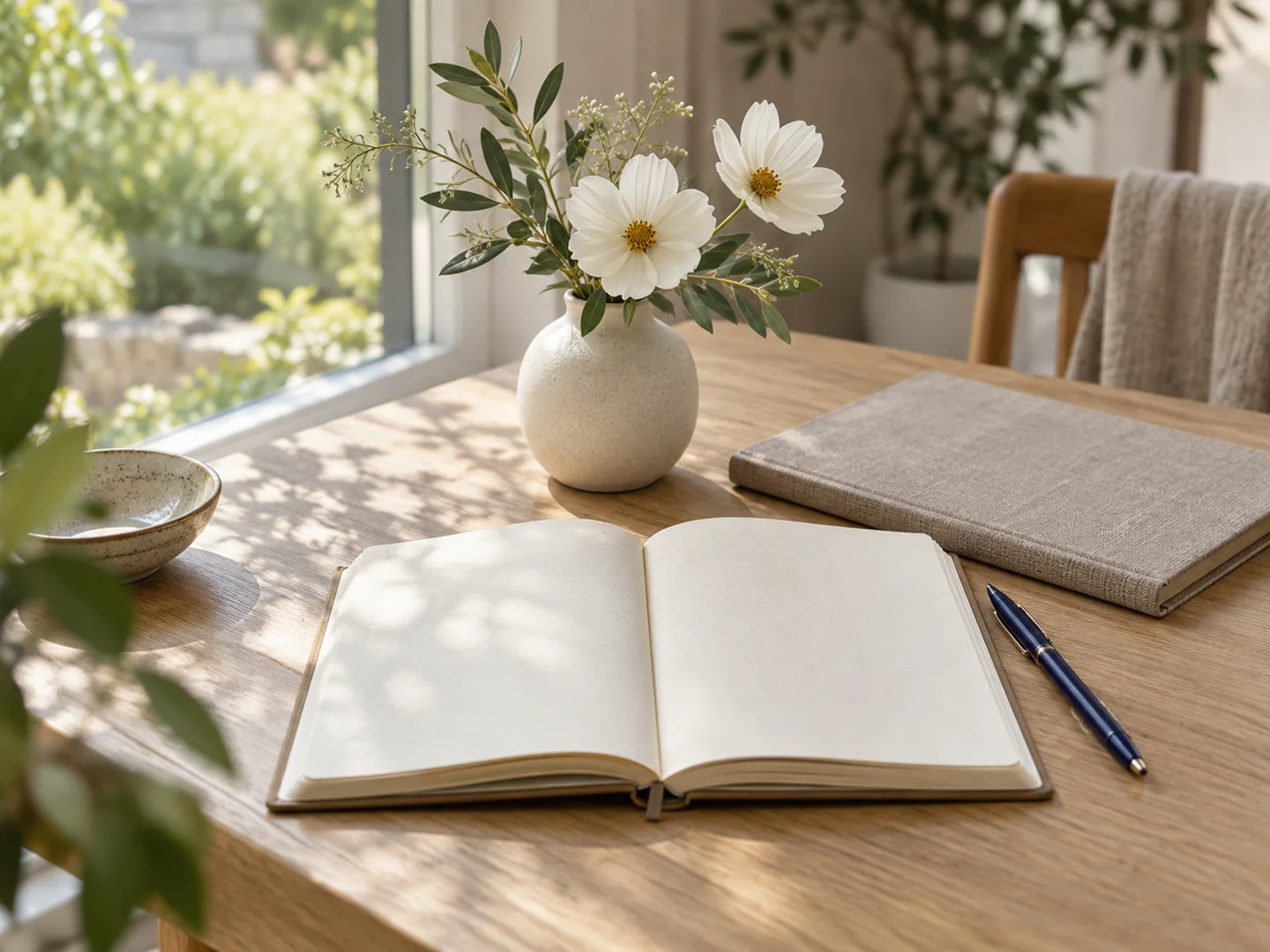Un carnet ouvert, un stylo et quelques fleurs blanches sur une table éclairée par la lumière du jardin.