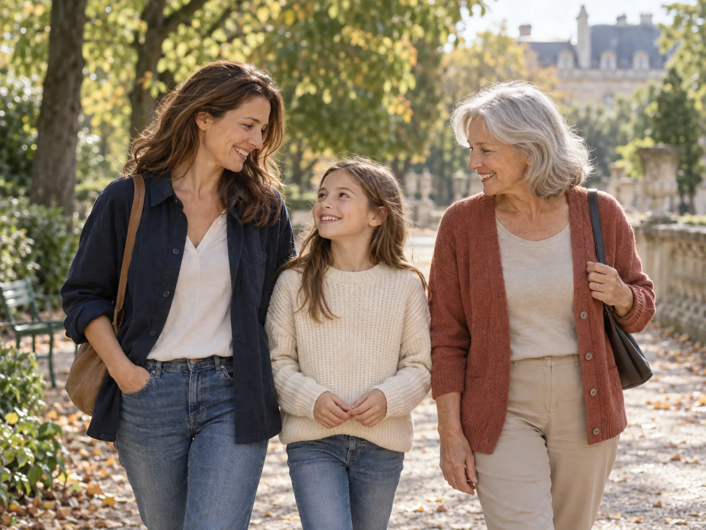 Trois générations d’une famille partagent une promenade dans un parc lumineux.
