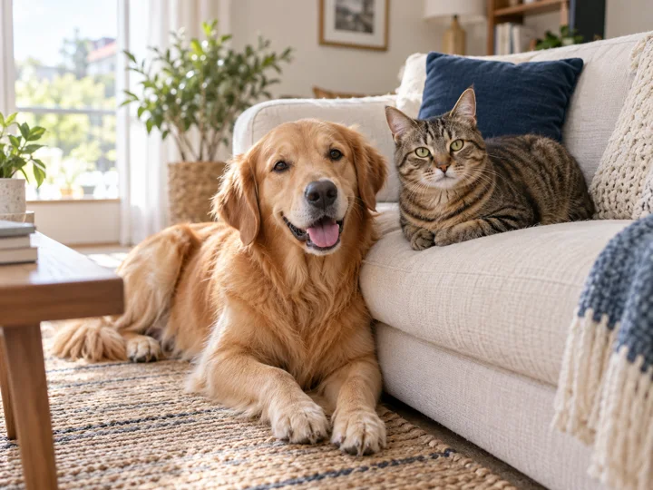 Un golden retriever et un chat tigré se reposent ensemble près d’un canapé.