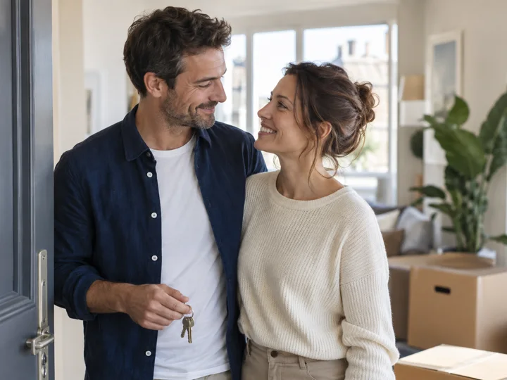 Un couple souriant, les clés à la main, s’installe dans son nouveau logement.