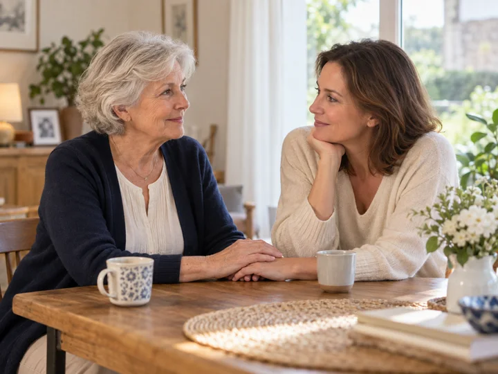 Une mère et sa fille adulte partagent un moment de complicité, main dans la main.